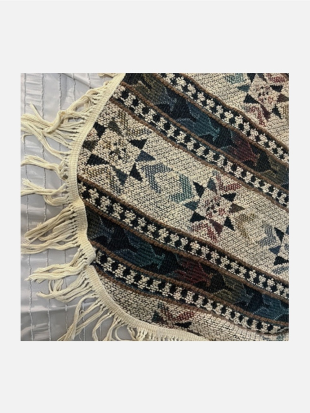 Large Vtg Oval Woven Knit Blanket Rug Fringe Multicolor Southwestern 112" X 58" - Picture 3 of 9